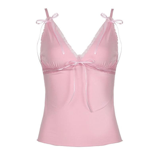 Ribbon bowknot lace hem v neck cami top
