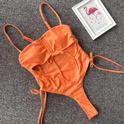 Hollow out drawstring one piece swimwear