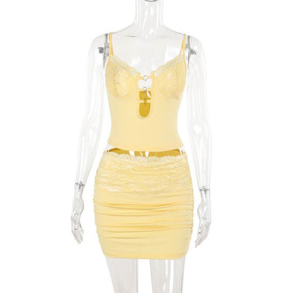 Hollow out v neck lace hem ruched cami mini skirt set