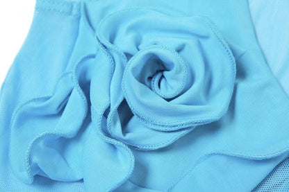 Flower applique v neck mesh patchwork ruched sleeveless mini dress-final-sale