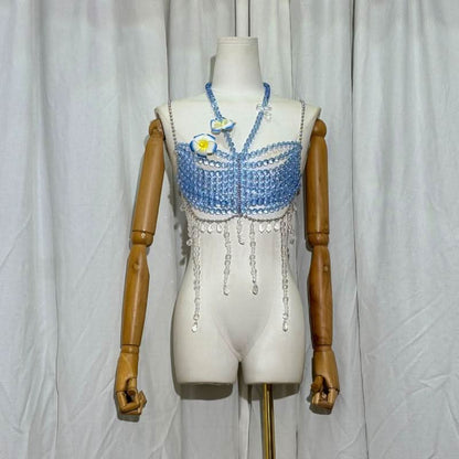 Halter beaded hollow out flower applique cami cut out top