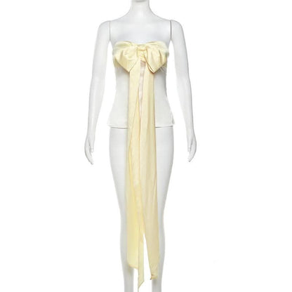 Bowknot sweetheart neck ruched ribbon zip-up satin tube top-final-sale