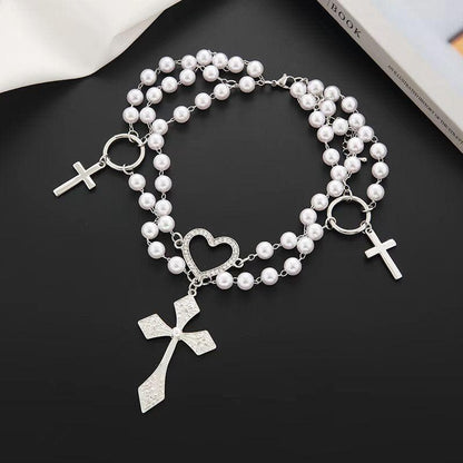 O ring faux pearl layered cross pendant choker necklace