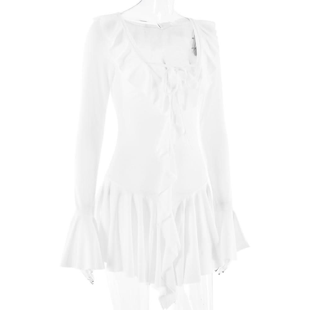 Long flared sleeve v neck self tie ruffle mini dress