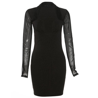 Long sleeve halter mesh patchwork solid mini dress