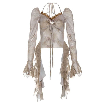 Long sleeve v neck hollow out lace hem halter cut out top