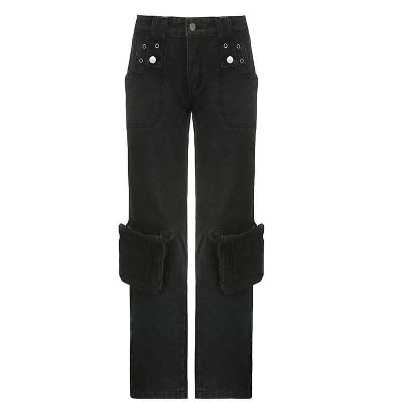 Solid irregular cargo pocket low rise zip-up jeans-final-sale