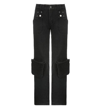 Solid irregular cargo pocket low rise zip-up jeans-final-sale