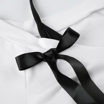Halter v neck long sleeve bowknot top