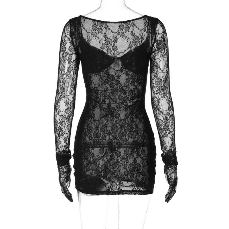Floral Lace Glove Sleeve Opaque Bustier Sweetheart Neck Bodycon Mini Dress