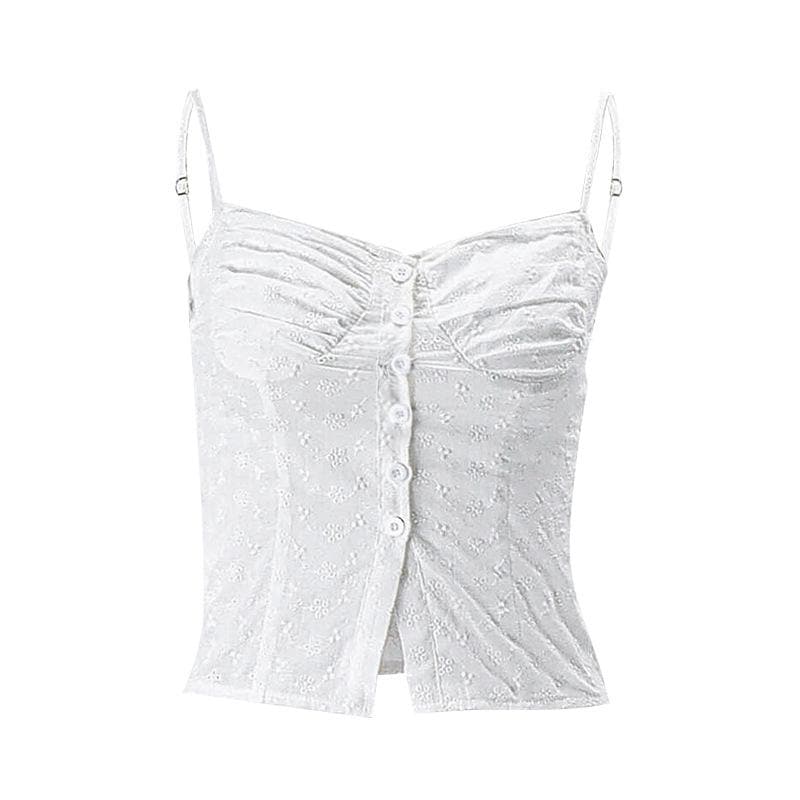 Textured pleated button slit solid backless cami top