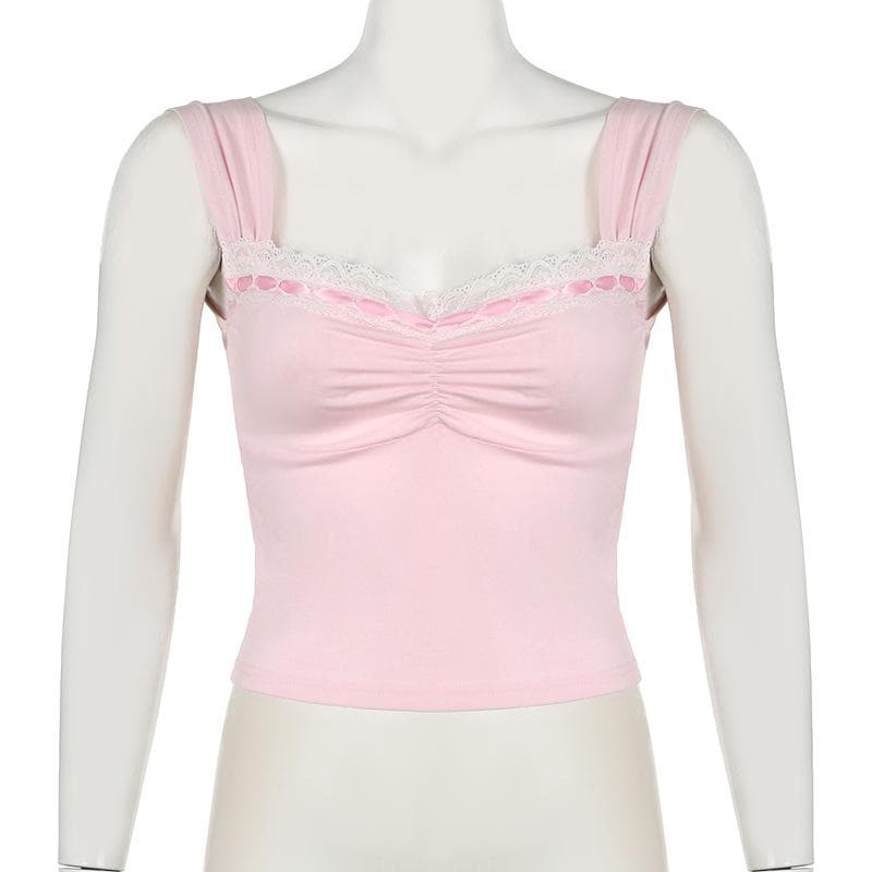 Lace hem ruched ribbon 2-way cami top