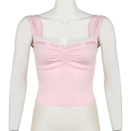 Lace hem ruched ribbon 2-way cami top
