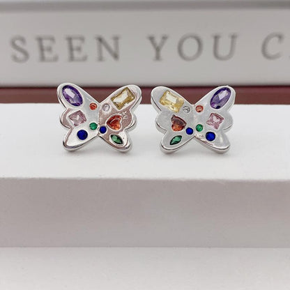 Multicolor rhinestone butterfly stud earrings