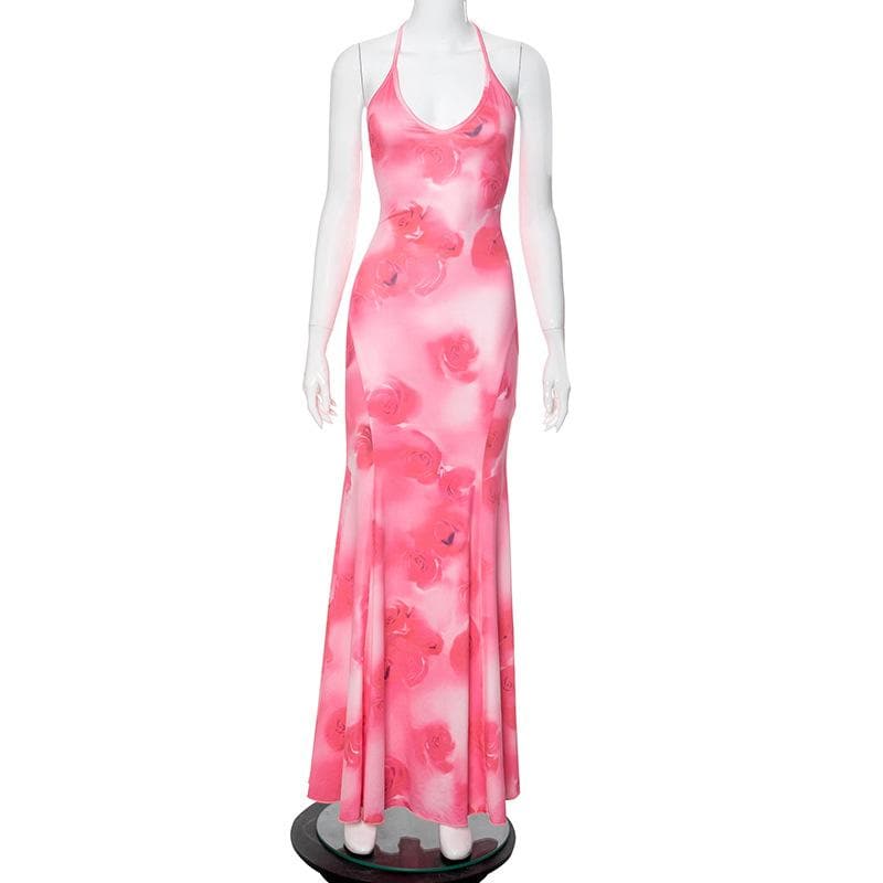 Halter rose print u neck backless self tie maxi dress