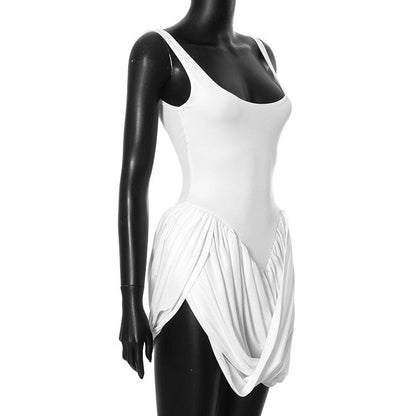 U neck ruched slit backless mini dress
