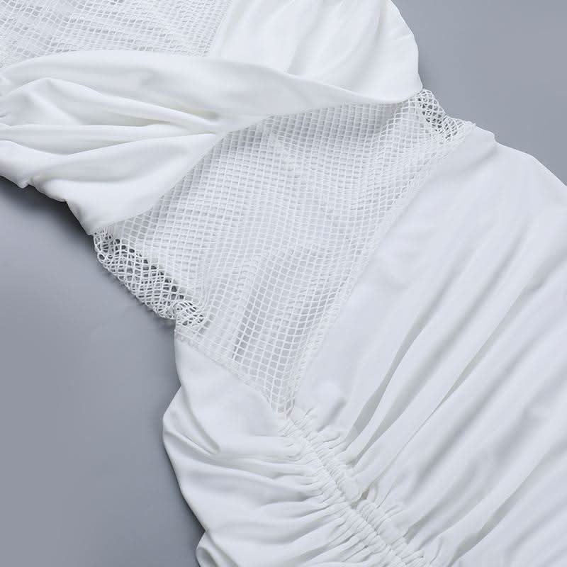 Ruched drawstring crewneck fishnet mini dress