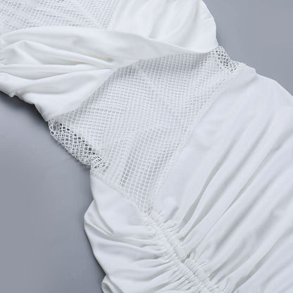 Ruched drawstring crewneck fishnet mini dress