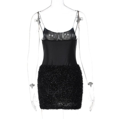Scoop Neck Spaghetti Strap Textured Fuzzy Skirt Bodycon Mini Dress