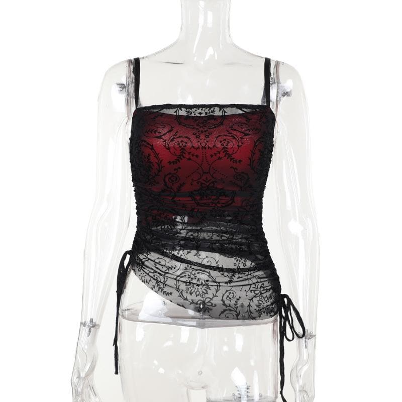 Lace drawstring ruched patchwork cami top