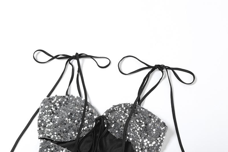 Glitter hollow out self tie backless v neck cami cut out top