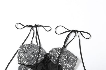 Glitter hollow out self tie backless v neck cami cut out top