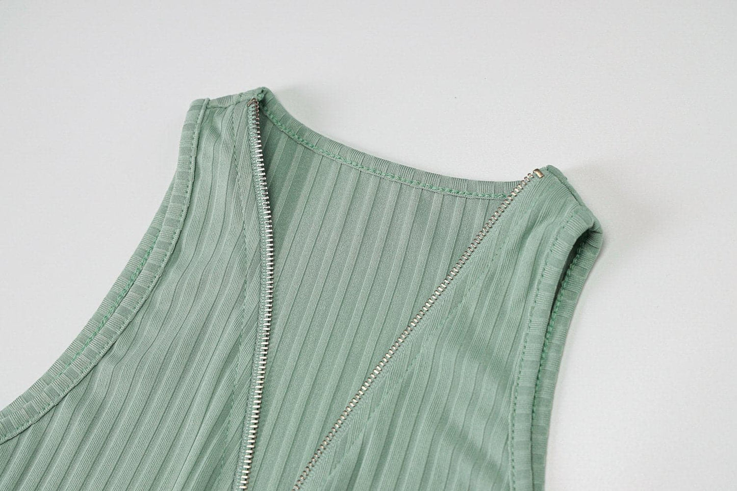Ribbed Zip Front Deep V Halter Neck Bodycon Mini Dress
