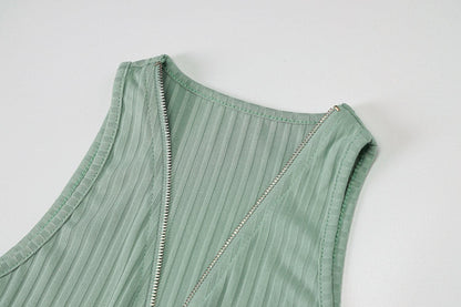 Ribbed Zip Front Deep V Halter Neck Bodycon Mini Dress
