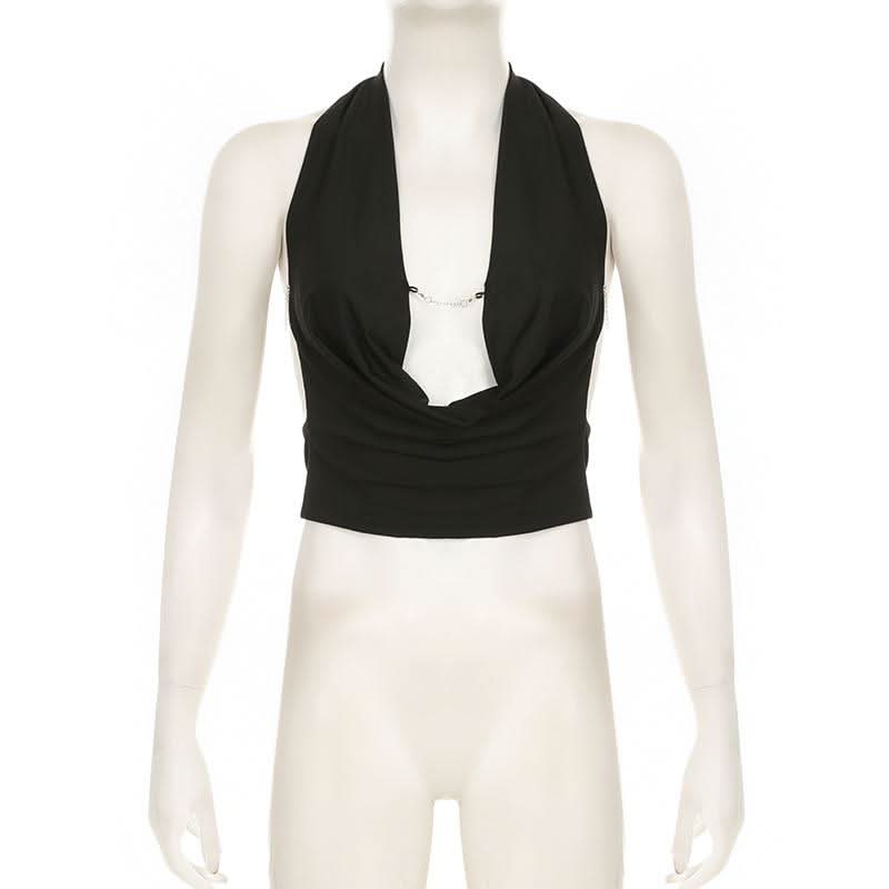 Halter cowl neck metal chain backless top