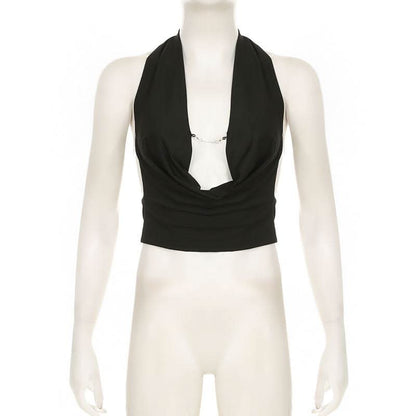 Halter cowl neck metal chain backless top