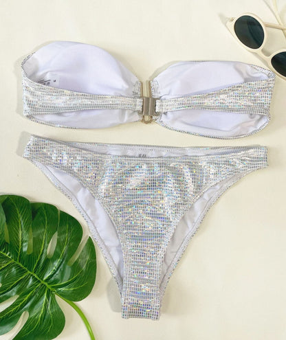 Contrast tube metallic padded bikini swimwear