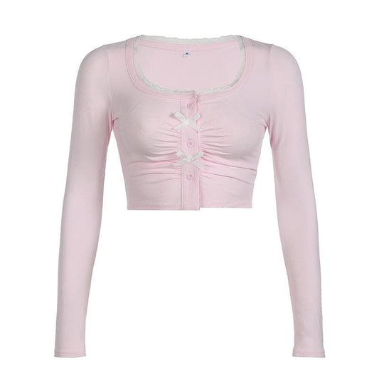 Long sleeve bowknot button crop top