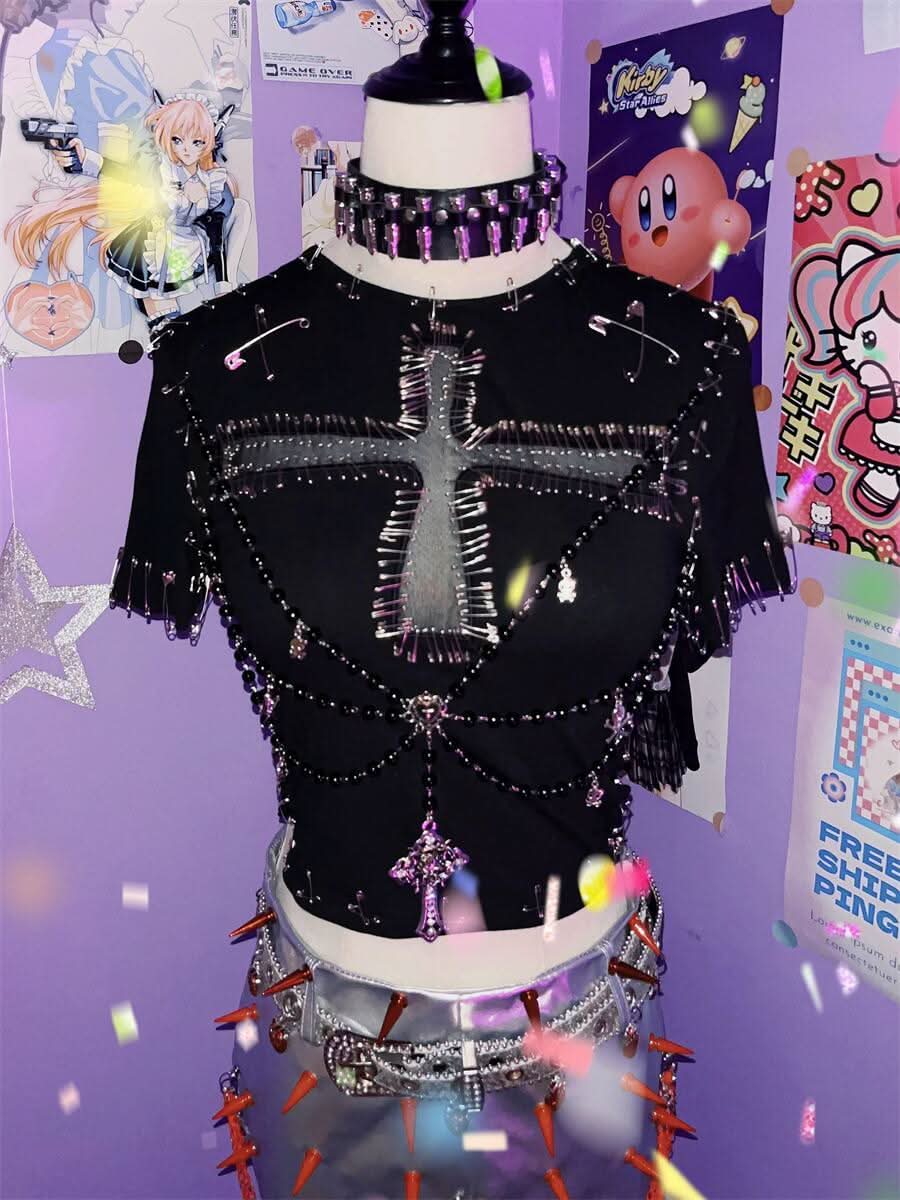 Short sleeve beaded cross pattern top