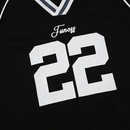 Short sleeve stitch “22” print v neck top