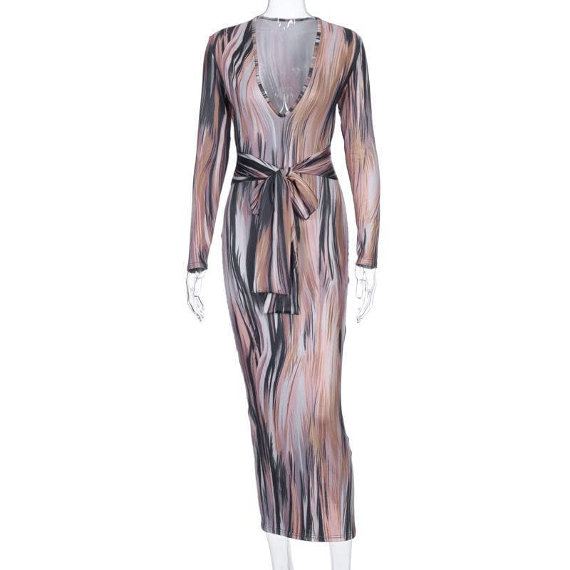 Long sleeve deep v neck knotted print maxi dress