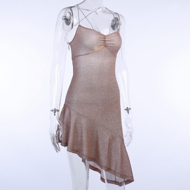Glitter Spaghetti Strap Cross Back Ruched Asymmetric Ruffle Hem Mini Dress