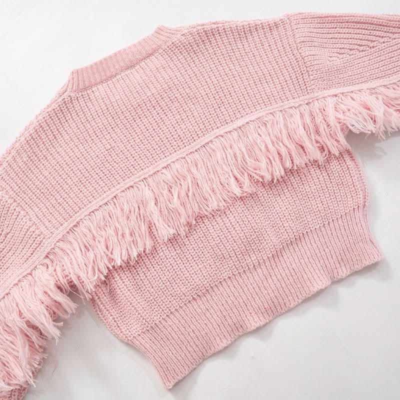 Long sleeve crewneck tassels knitted top