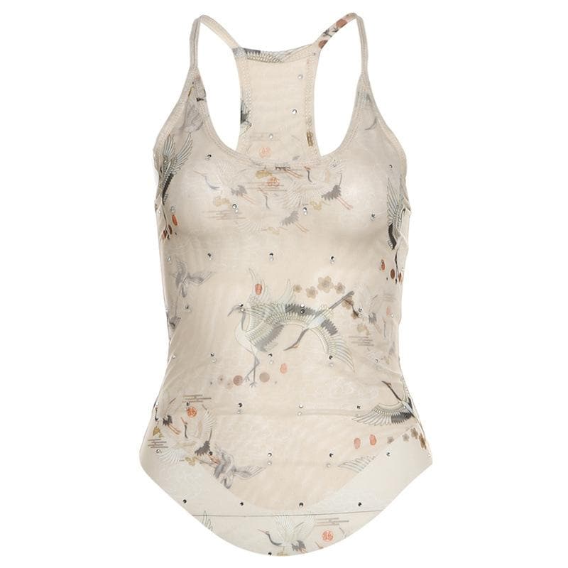 U neck sheer mesh print beaded tank top