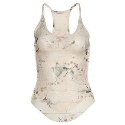 U neck sheer mesh print beaded tank top