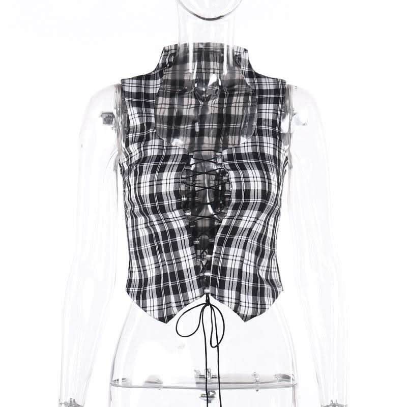 Plaid sleeveless lace up corset top
