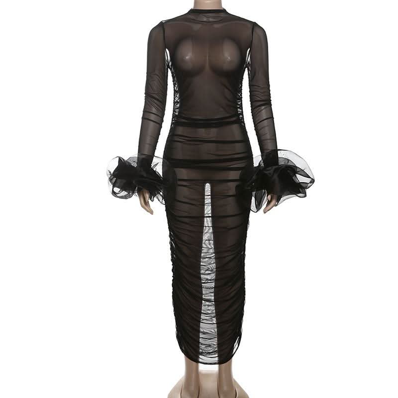 Long sleeve mesh see through ruched maxi dress-final-sale