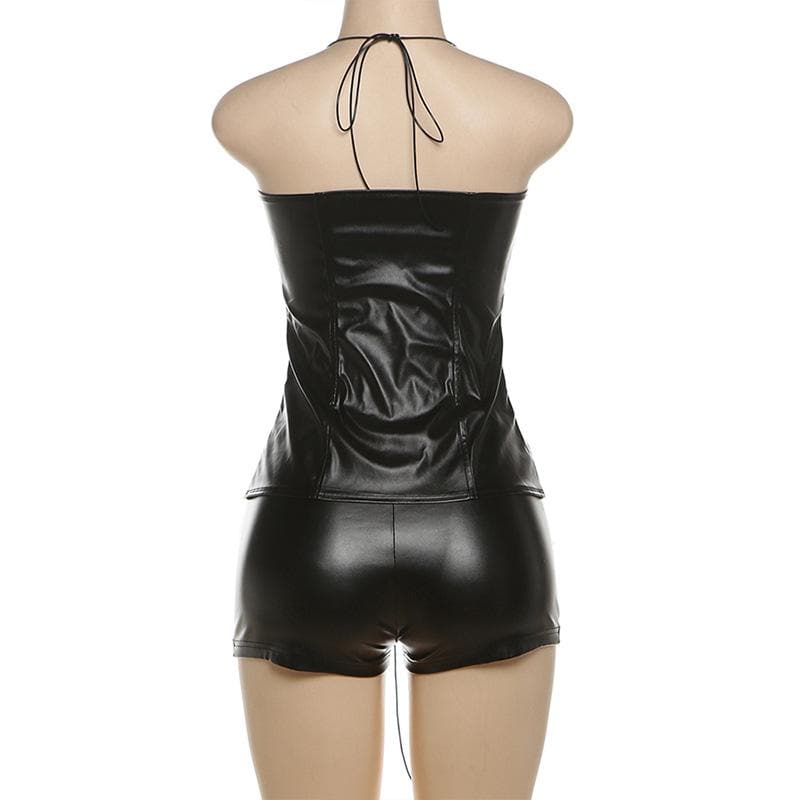 Lace up PU leather halter self tie metallic pant set