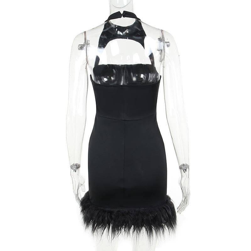 Hollow out halter fluffy backless button solid cut out mini dress