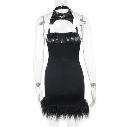 Hollow out halter fluffy backless button solid cut out mini dress