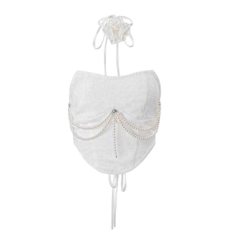 Beaded lace up self tie flower applique tube top