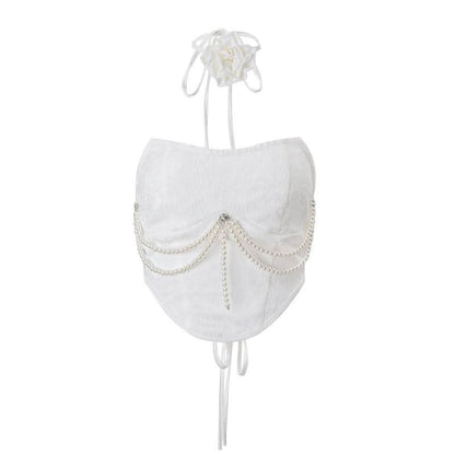 Beaded lace up self tie flower applique tube top