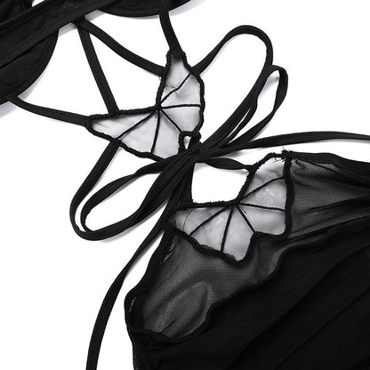 Cross front butterfly mesh hollow out cami cut out mini dress