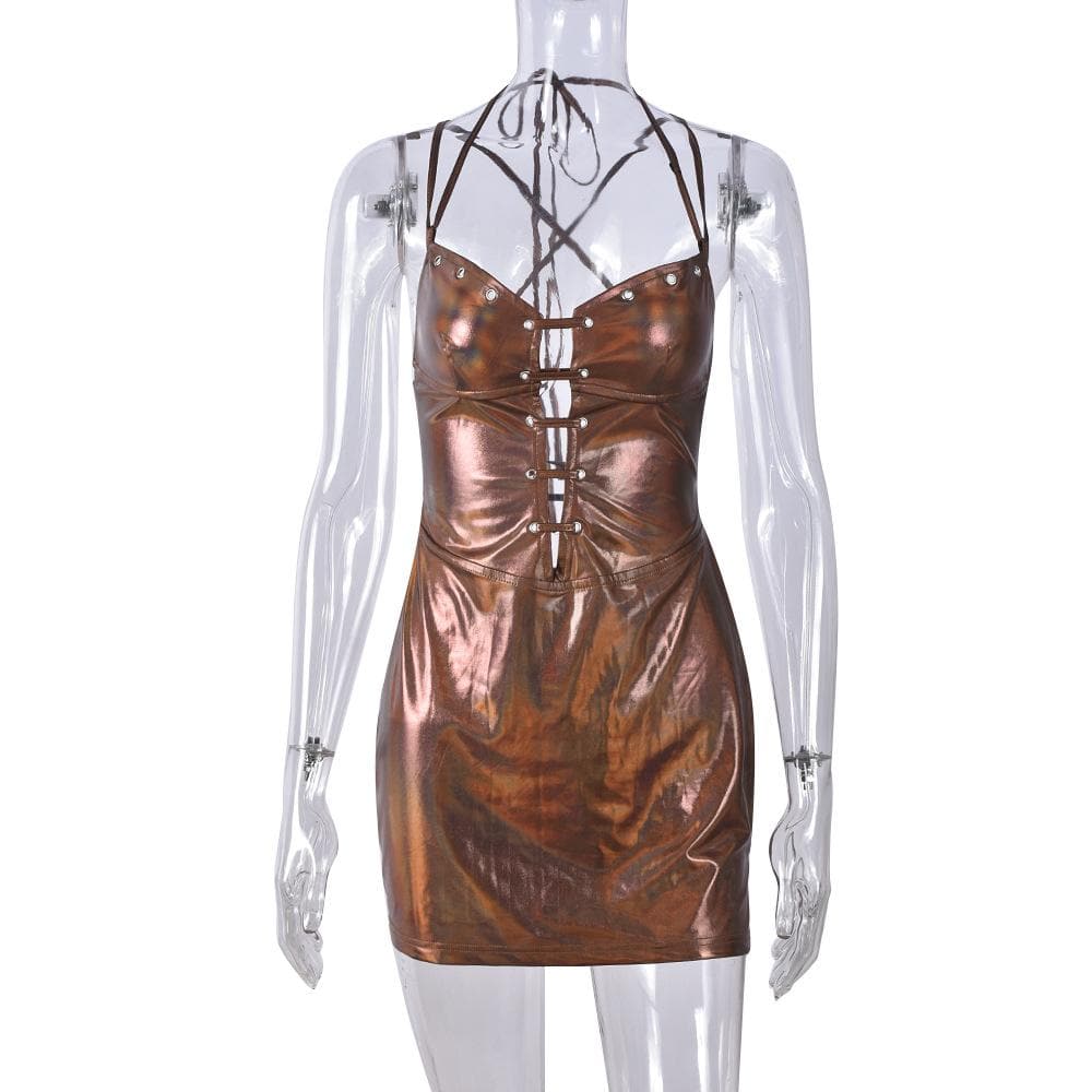 Halter lace up metallic v neck cami mini dress