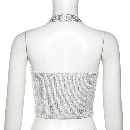 Beaded halter zip-up backless solid sleeveless crop top-final-sale