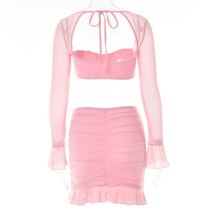 Mesh hollow out solid ruffle long sleeve ruched mini skirt set